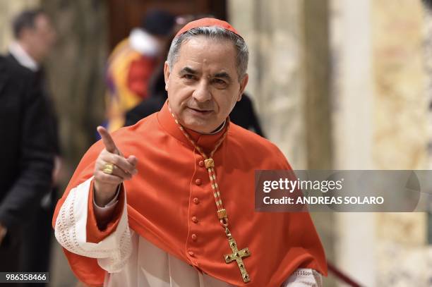 Newly elevated cardinal, Giovanni Angelo Becciu from Italy, attends the courtesy visit of relatives following a consistory for the creation of new...