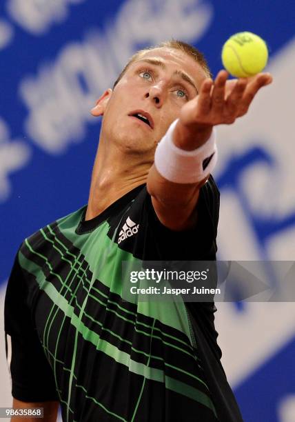 Thiemo de Bakker of The Netherlands serves the ball to Jo-Wilfried Tsonga of France during the quarter final match on day five of the ATP 500 World...