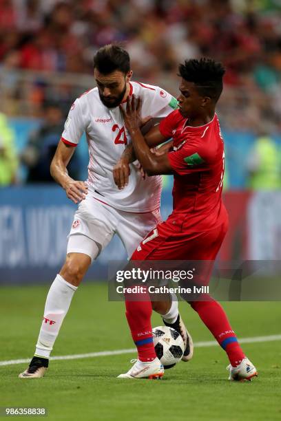 Hamdi Naguez of Tunisia is challenged by Luis Ovalle of Panama during the 2018 FIFA World Cup Russia group G match between Panama and Tunisia at...