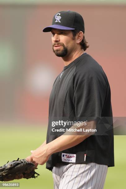 Todd Helton of the Colorado Rockies looks on before a baseball game against the Washington Nationals on April 20, 2010 at Nationals Park in...