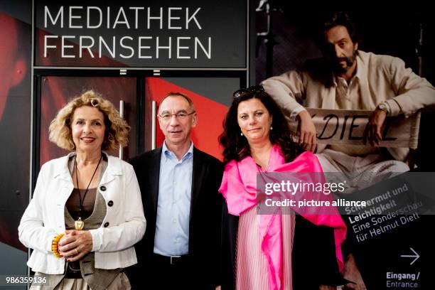 June 2018, Germany, Berlin: Michaela May , actress; Rainer Rother, artistic director of the Deutsche Kinemathek; and Tamara Dietl, widow of Helmut...