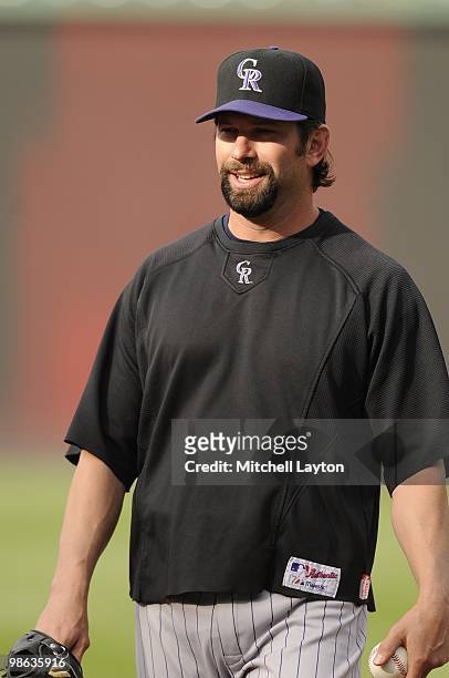 Todd Helton of the Colorado Rockies looks on before a baseball game against the Washington Nationals on April 20, 2010 at Nationals Park in...
