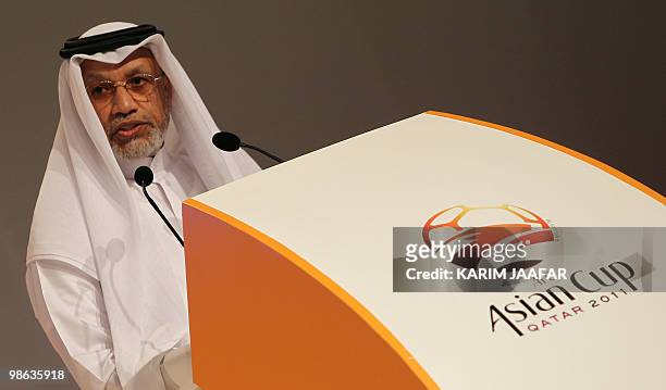 Asian Football Confederation president Mohammed Bin Hammam speaks, during the AFC Asian Cup Qatar 2011 draw at the Aspire Dome, in the Qatari capital...