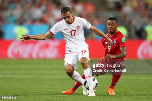 Gabriel Torres of Panama challenges Ellyes Skhiri of Tunisia during the 2018 FIFA World Cup Russia group G match between Panama and Tunisia at...