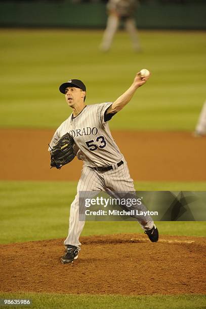 Randy Flores of the Colorado Rockies pitches during a baseball game against the Washington Nationals on April 20, 2010 at Nationals Park in...