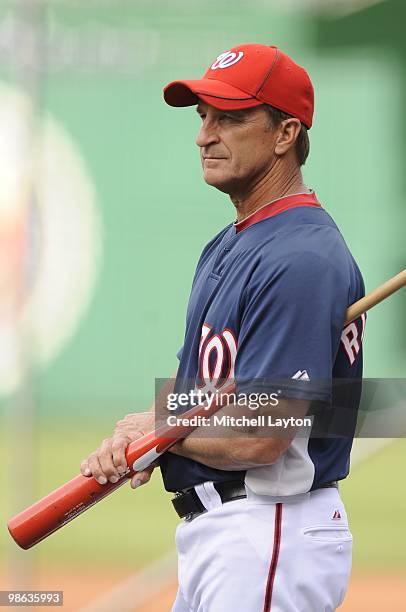 Jim Riggleman, manager of the Washington Nationals, looks on a baseball game against the Colorado Rockies on April 20, 2010 at Nationals Park in...