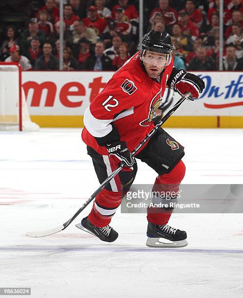 Mike Fisher of the Ottawa Senators skates against the Pittsburgh Penguins in Game Four of the Eastern Conference Quarterfinals during the 2010 NHL...