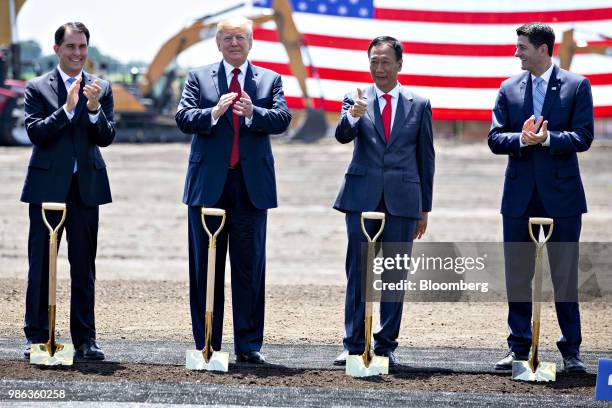 Scott Walker, governor of Wisconsin, from left, U.S. President Donald Trump, Terry Gou, chairman of Foxconn Technology Group, and Speaker Paul Ryan,...