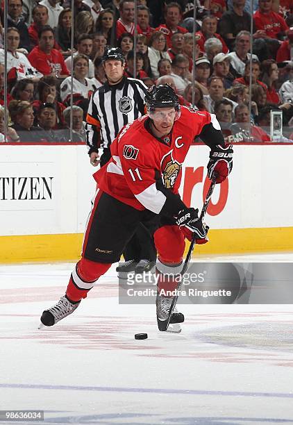 Daniel Alfredsson of the Ottawa Senators skates against the Pittsburgh Penguins in Game Four of the Eastern Conference Quarterfinals during the 2010...