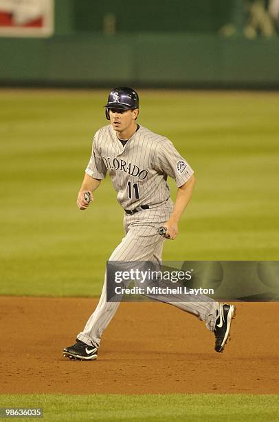 Brad Hawpe of the Colorado Rockies leads off second base during a baseball game against the Washington Nationals on April 20, 2010 at Nationals Park...