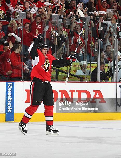 Jason Spezza of the Ottawa Senators celebrates a goal against the Pittsburgh Penguins in Game Four of the Eastern Conference Quarterfinals during the...