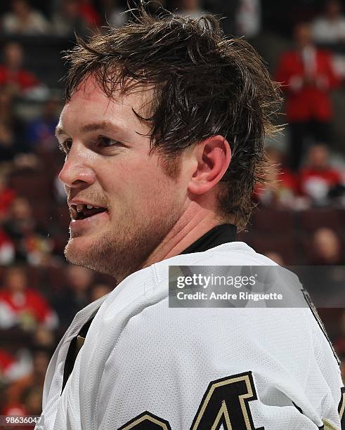 Matt Cooke of the Pittsburgh Penguins looks on during a stoppage in play against the Ottawa Senators in Game Four of the Eastern Conference...