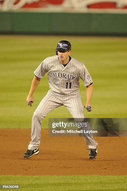 Brad Hawpe of the Colorado Rockies leads off second base during a baseball game against the Washington Nationals on April 20, 2010 at Nationals Park...
