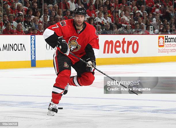 Matt Cullen of the Ottawa Senators skates against the Pittsburgh Penguins in Game Four of the Eastern Conference Quarterfinals during the 2010 NHL...
