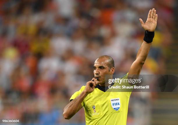 Referee Nawaf Shukralla gestures during the 2018 FIFA World Cup Russia group G match between Panama and Tunisia at Mordovia Arena on June 28, 2018 in...