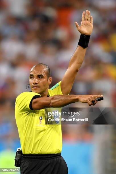 Referee Nawaf Shukralla gestures during the 2018 FIFA World Cup Russia group G match between Panama and Tunisia at Mordovia Arena on June 28, 2018 in...