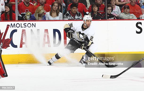Maxime Talbot of the Pittsburgh Penguins skates against the Ottawa Senators in Game Four of the Eastern Conference Quarterfinals during the 2010 NHL...