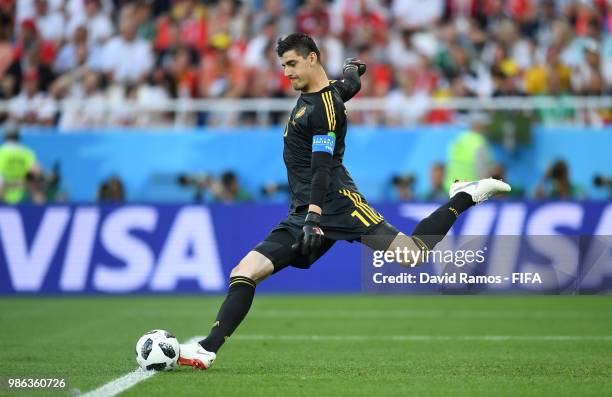 Thibaut Courtois of Belgium takes a goal kick during the 2018 FIFA World Cup Russia group G match between England and Belgium at Kaliningrad Stadium...