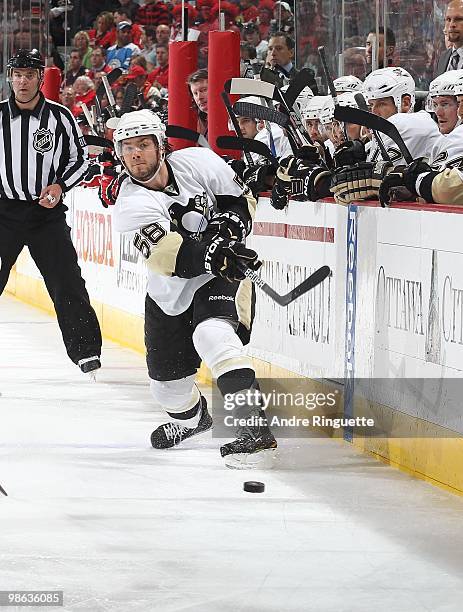 Kris Letang of the Pittsburgh Penguins skates against the Ottawa Senators in Game Four of the Eastern Conference Quarterfinals during the 2010 NHL...