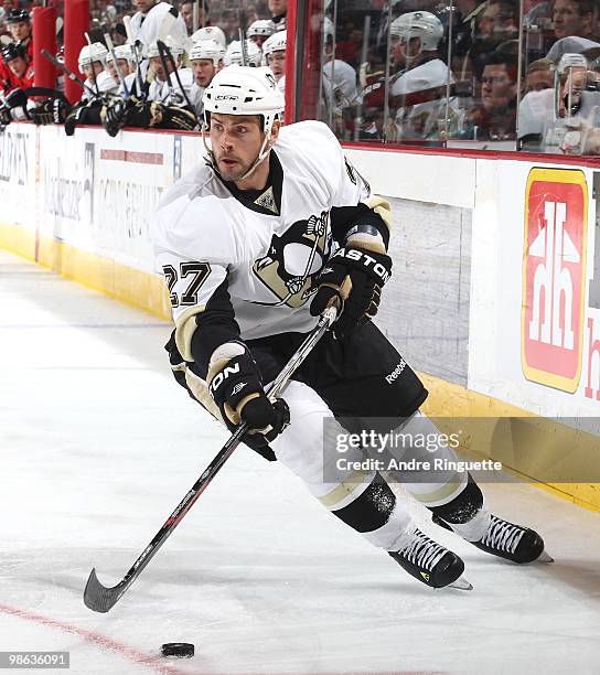 Craig Adams of the Pittsburgh Penguins skates against the Ottawa Senators in Game Four of the Eastern Conference Quarterfinals during the 2010 NHL...