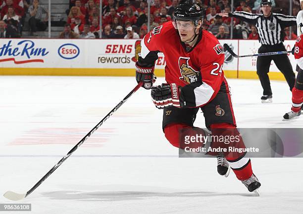 Anton Volchenkov of the Ottawa Senators skates against the Pittsburgh Penguins in Game Four of the Eastern Conference Quarterfinals during the 2010...