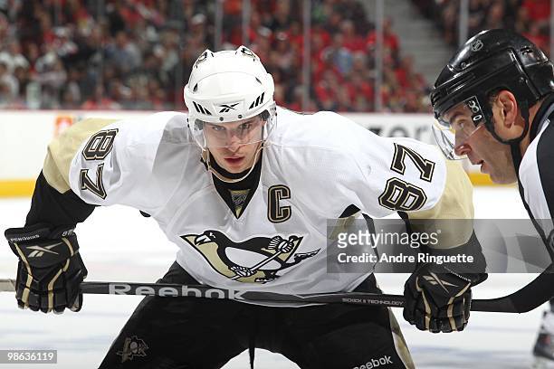 Sidney Crosby of the Pittsburgh Penguins prepares for a faceoff against the Ottawa Senators in Game Four of the Eastern Conference Quarterfinals...