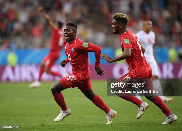 Jose Luis Rodriguez of Panama celebrates with teammate Ricardo Avila after scoring his team's first goal during the 2018 FIFA World Cup Russia group...