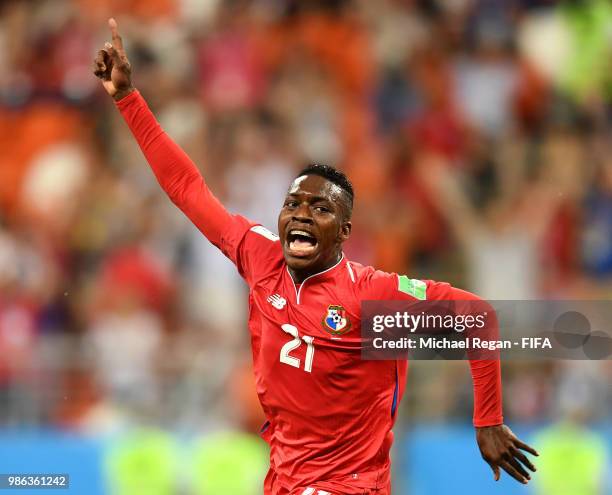 Jose Luis Rodriguez of Panama celebrates after scoring his team's first goal during the 2018 FIFA World Cup Russia group G match between Panama and...