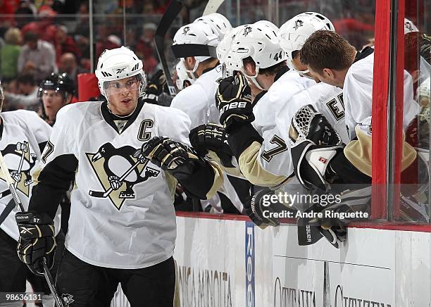 Sidney Crosby of the Pittsburgh Penguins celebrates a goal against the Ottawa Senators in Game Four of the Eastern Conference Quarterfinals during...