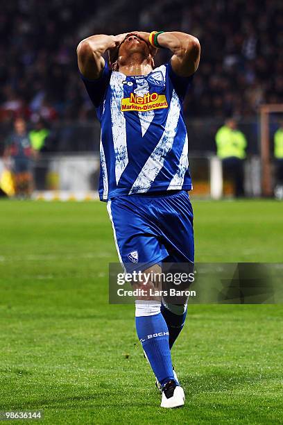 Joel Epalle of Bochum reacts during the Bundesliga match between VfL Bochum and VfB Stuttgart at Rewirpower Stadium on April 23, 2010 in Bochum,...