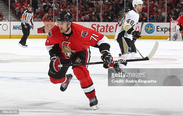 Nick Foligno of the Ottawa Senators skates against the Pittsburgh Penguins in Game Four of the Eastern Conference Quarterfinals during the 2010 NHL...