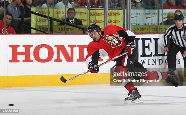 Jonathan Cheechoo of the Ottawa Senators shoots the puck against the Pittsburgh Penguins in Game Four of the Eastern Conference Quarterfinals during...