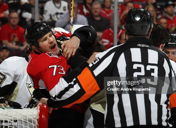 Jarkko Ruutu of the Ottawa Senators gets involved in a scrum against the Pittsburgh Penguins in Game Four of the Eastern Conference Quarterfinals...