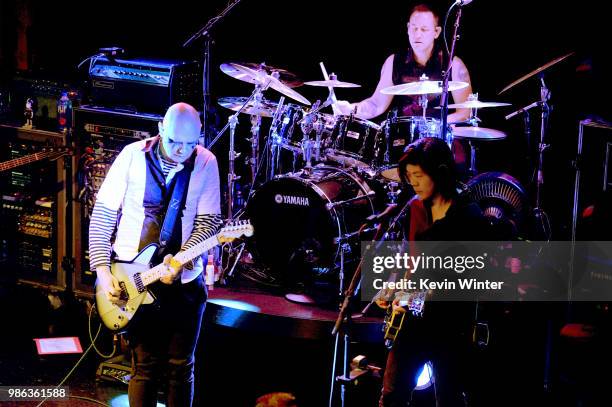 Musicians Billy Corgan, drummer Jimmy Chamberlin and guitarist James Iha of The Smashing Pumpkins perform at the Troubadour on June 27, 2018 in West...