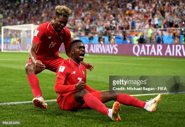 Jose Luis Rodriguez of Panama celebrates with teammate Ricardo Avila after scoring his team's first goal during the 2018 FIFA World Cup Russia group...