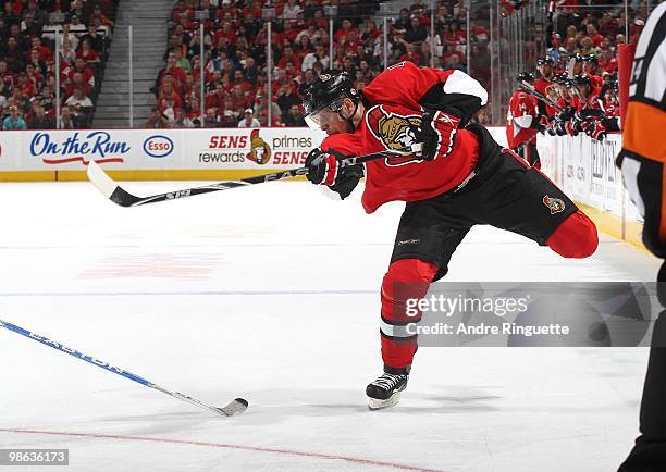 Jason Spezza of the Ottawa Senators shoots the puck against the Pittsburgh Penguins in Game Four of the Eastern Conference Quarterfinals during the...