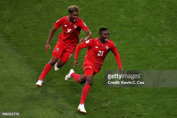 Jose Luis Rodriguez of Panama celebrates with teammate Ricardo Avila after scoring his team's first goal during the 2018 FIFA World Cup Russia group...