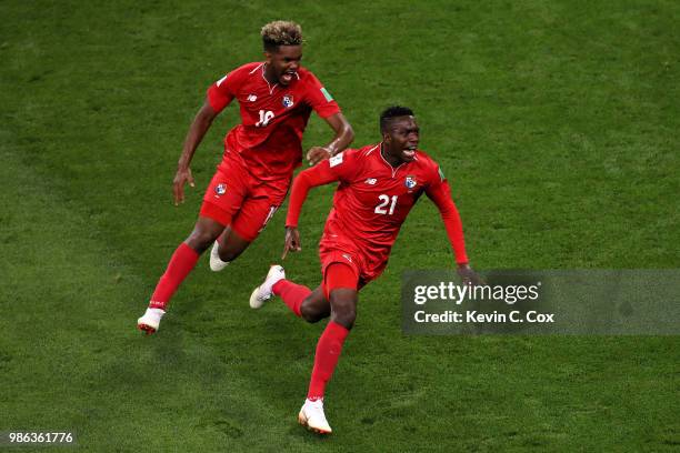 Jose Luis Rodriguez of Panama celebrates with teammate Ricardo Avila after scoring his team's first goal during the 2018 FIFA World Cup Russia group...