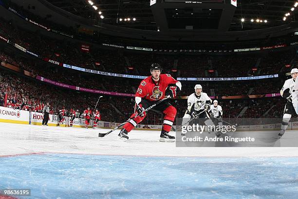 Jason Spezza of the Ottawa Senators skates against the Pittsburgh Penguins in Game Four of the Eastern Conference Quarterfinals during the 2010 NHL...