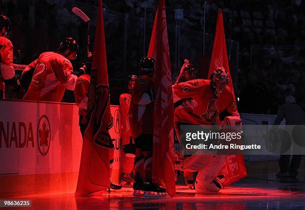 Brian Elliott of the Ottawa Senators steps onto the ice during player introductions prior to a game against the Pittsburgh Penguins in Game Four of...