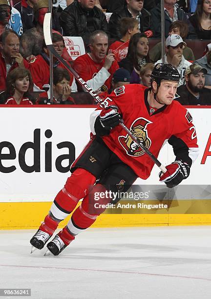 Chris Neil of the Ottawa Senators skates against the Pittsburgh Penguins in Game Four of the Eastern Conference Quarterfinals during the 2010 NHL...