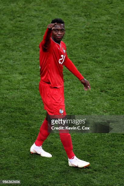 Jose Luis Rodriguez of Panama celebrates his team's first goal, an own goal by Yassine Meriah of Tunisia, during the 2018 FIFA World Cup Russia group...