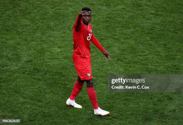 Jose Luis Rodriguez of Panama celebrates his team's first goal, an own goal by Yassine Meriah of Tunisia, during the 2018 FIFA World Cup Russia group...