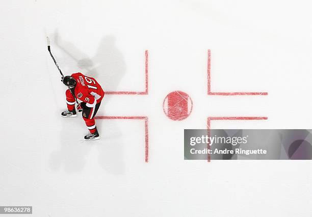 Jason Spezza of the Ottawa Senators skates against the Pittsburgh Penguins in Game Four of the Eastern Conference Quarterfinals during the 2010 NHL...