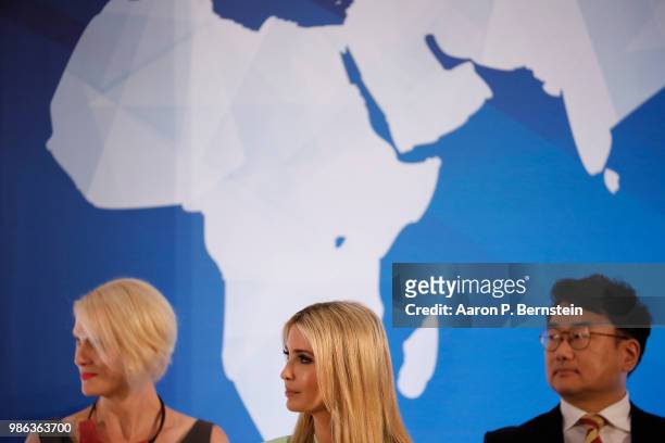 Special Advisor to the President Ivanka Trump looks on during an event marking the release of the Trafficking in Persons report at the State...