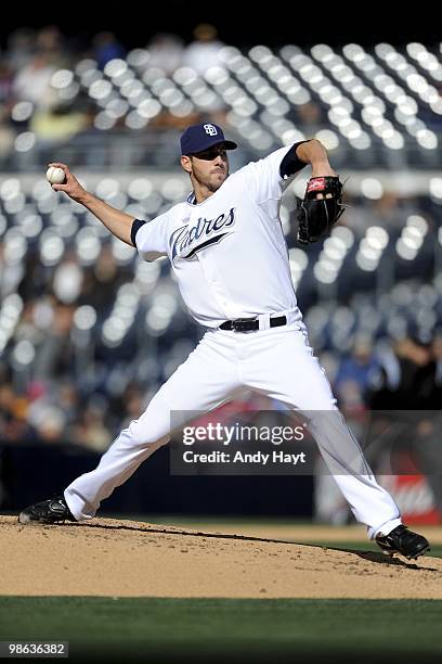 Jon Garland of the San Diego Padres throws against the San Francisco Giants at Petco Park on Wednsday, April 21, 2010 in San Diego, California. The...