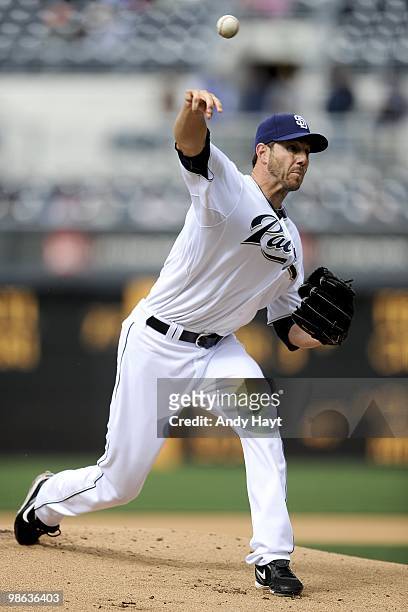 Jon Garland of the San Diego Padres throws against the San Francisco Giants at Petco Park on Wednsday, April 21, 2010 in San Diego, California. The...