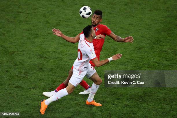 Ghaylen Chaaleli of Tunisia comptetes for the ball with Anibal Godoy of Panama during the 2018 FIFA World Cup Russia group G match between Panama and...