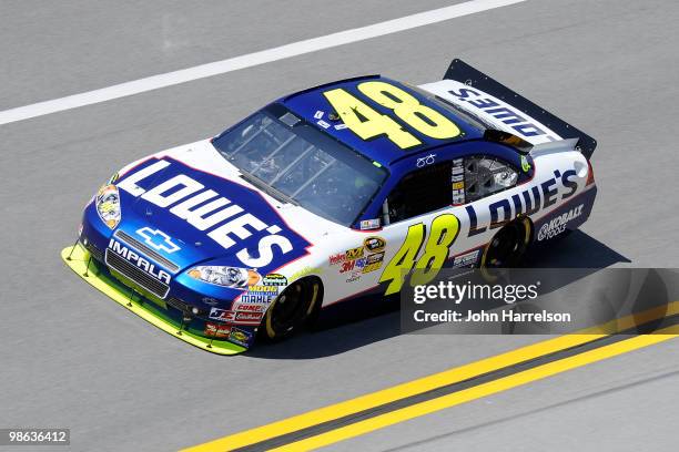 Jimmie Johnson drives the Lowe's Chevrolet during practice for the NASCAR Sprint Cup Series Aaron's 499 at Talladega Superspeedway on April 23, 2010...