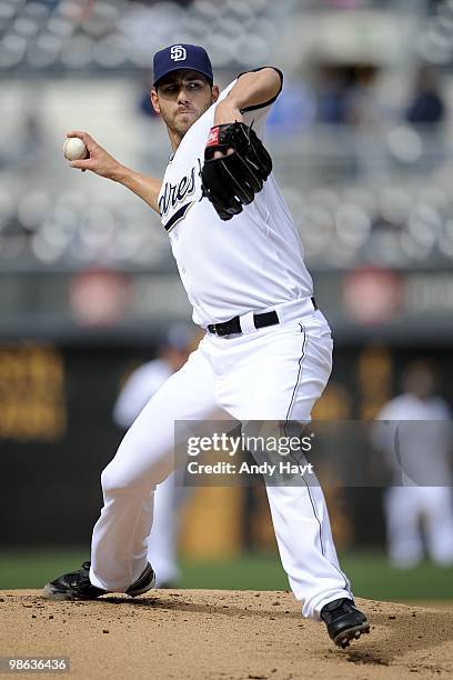 Jon Garland of the San Diego Padres throws against the San Francisco Giants at Petco Park on Wednsday, April 21, 2010 in San Diego, California. The...